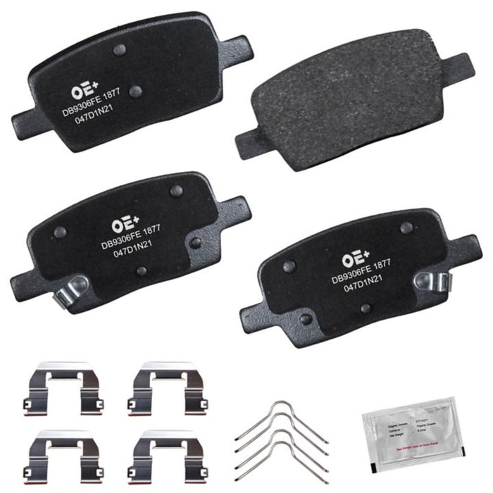 Top view of the MMS1877 ProSeries OE+ Brake Pads kit, which includes four brake pads, four brackets, two springs, and a sachet of brake lubricant.