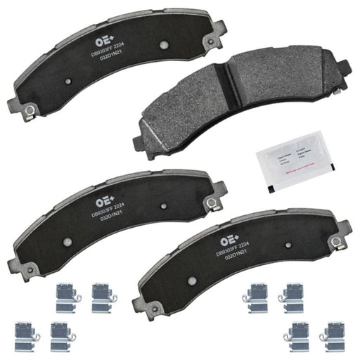 MMS2224 ProSeries OE+ Brake Pads set, complete with four pads, accessories, and a packet of brake lubricant on a white background.