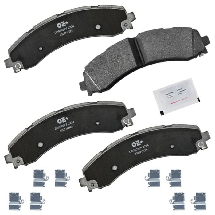 MMS2224 ProSeries OE+ Brake Pads set, complete with four pads, accessories, and a packet of brake lubricant on a white background.