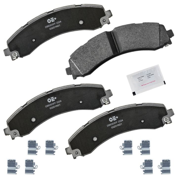 MMS2224 ProSeries OE+ Brake Pads set, complete with four pads, accessories, and a packet of brake lubricant on a white background.