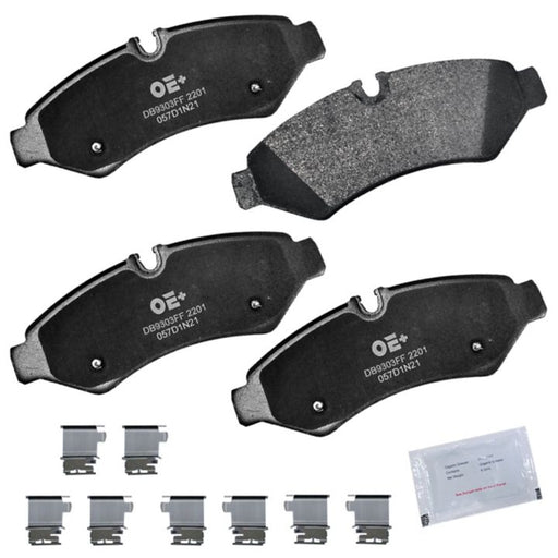 Four MMS2201 Proseries OE+ Brake Pads with metal clips and a packet of brake pad lubricant displayed on a white background.
