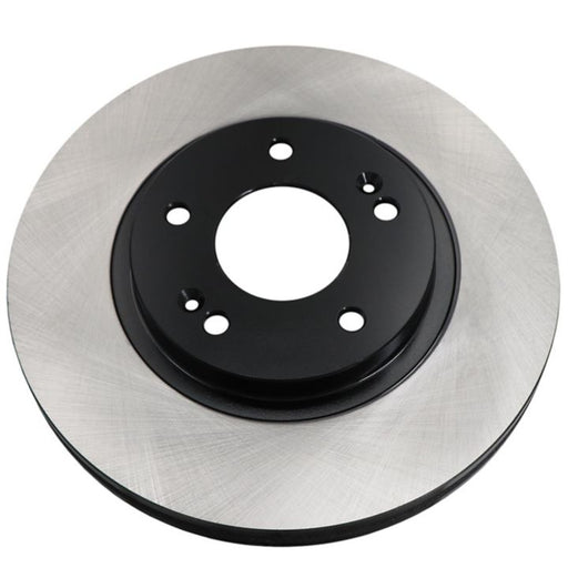 A close-up of the C26068 ProSeries OE+ Brake Rotor, showcasing its silver outer surface and black center, featuring five holes for mounting.