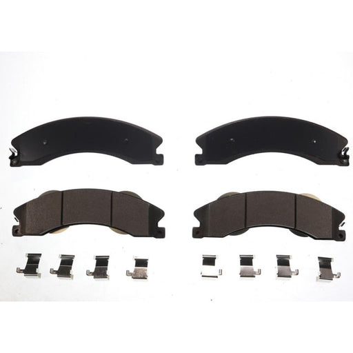 Four BFD1411CR ProSeries OE Brake Pads and eight metal clips arranged in a grid pattern on a white background.