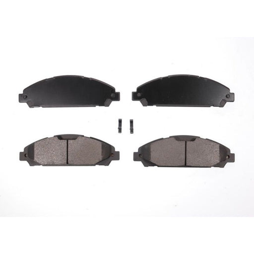 Set of four BFD1791CR ProSeries OE Brake Pads in black with two small clips on a white background.