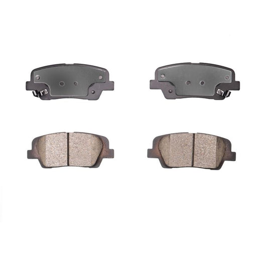 Four BFD1439CR ProSeries OE Brake Pads, aligned side by side, with two pads displaying the metal back and two revealing the friction material.