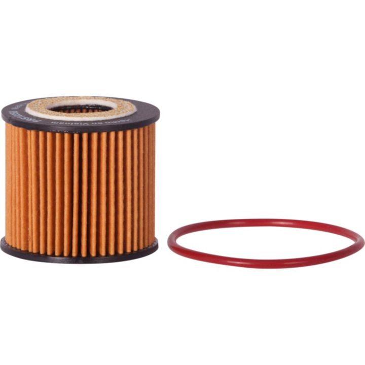 A PRS10358 Oil Filter with a cylindrical design featuring a pleated paper element, accompanied by a red rubber O-ring.