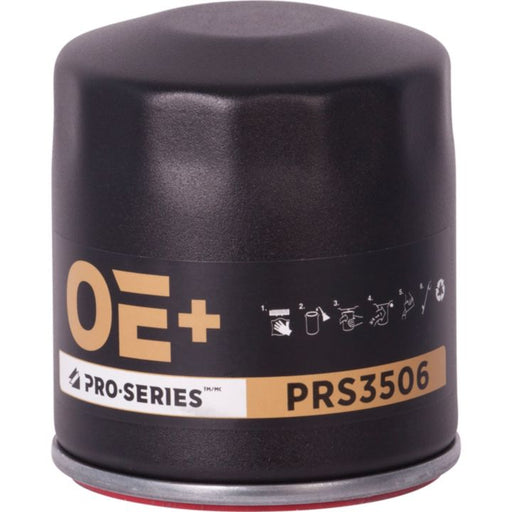 The PRS3506 oil filter in black from the Pro-Series range features OE+ branding and small instruction symbols.