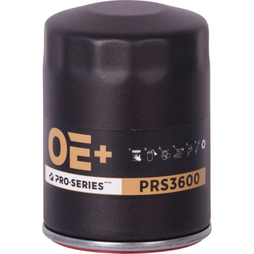 The PRS3600 OIL FILTER featuring icons and labels on the body and finished in black, is part of the Pro-Series OE+ line.