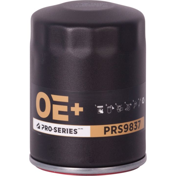 The PRS9837 OIL FILTER is a black cylindrical oil filter featuring a gold "OE+" label and "Pro-Series PRS9837" text on the side.