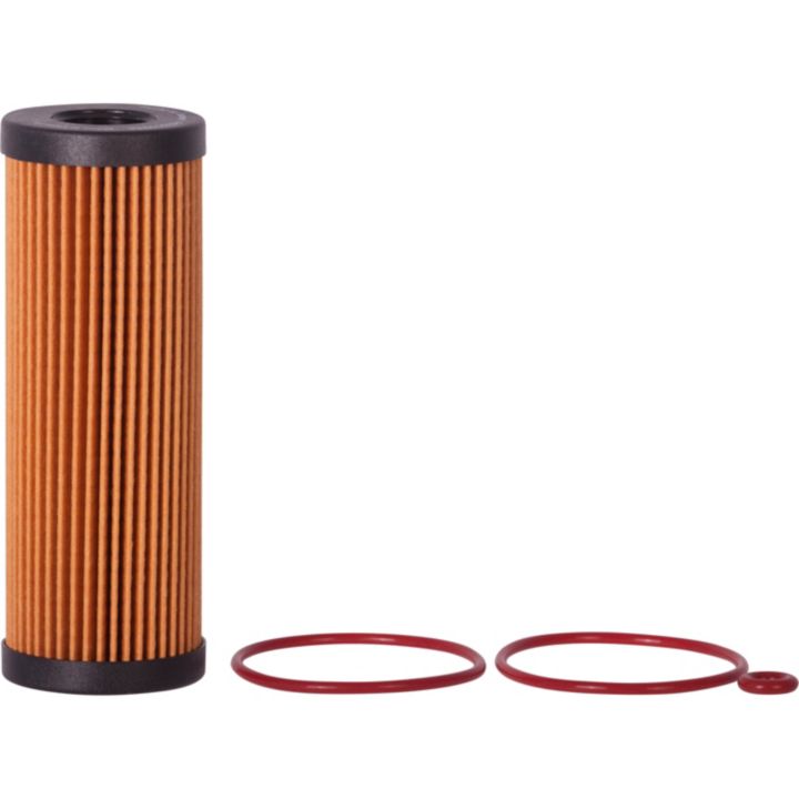 PRS11955 OIL FILTER with orange pleats and black ends, shown alongside three red O-rings of varying sizes on a white background.