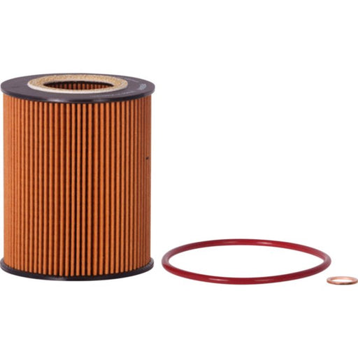 PRS8081 oil filter, cylindrical and orange, featuring two red sealing rings on a white background.