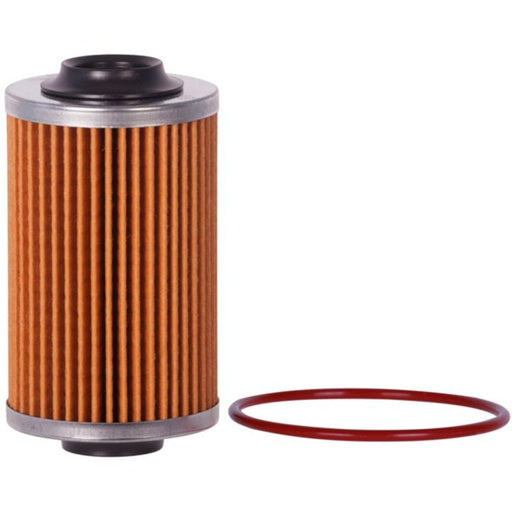 A PRS8765 OIL FILTER with a pleated cylindrical design, positioned next to a red rubber O-ring on a white background.