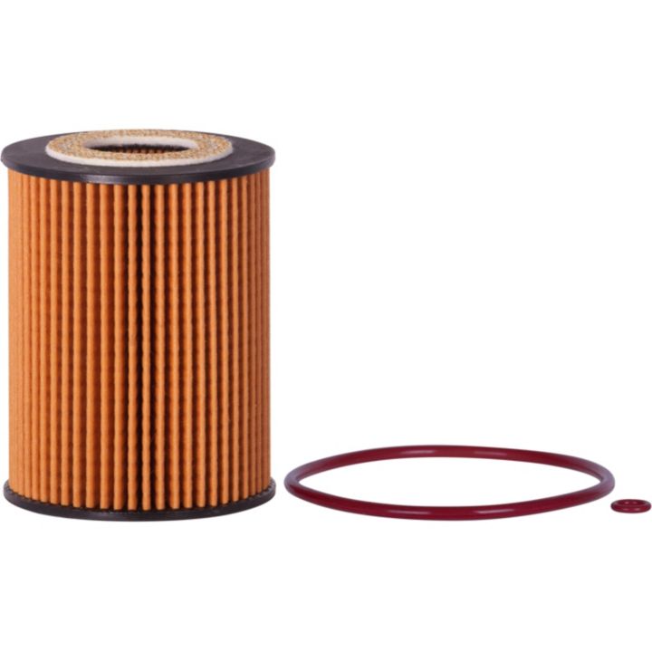 The PRS10323 OIL FILTER is a cylindrical oil filter featuring brown pleats, and it comes with a small red ring and a large red ring placed next to it.