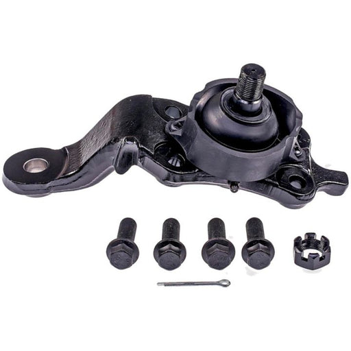 A BJ74304XL NASCAR Advantage Ball Joint - Front with bolts, a cotter pin, and a caster nut arranged below it.