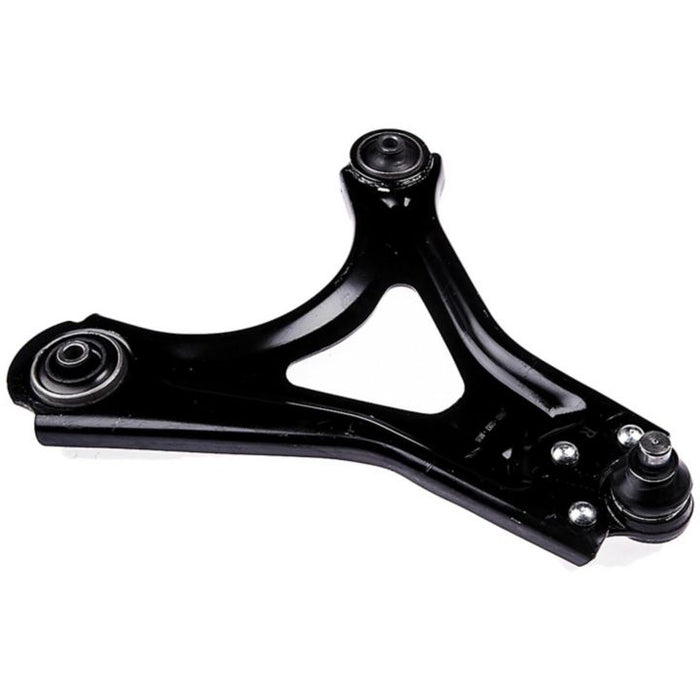 Introducing the CB85084 ProSeries OE+ Control Arm: a black, triangular car suspension control arm featuring three mounting points and a ball joint connection.
