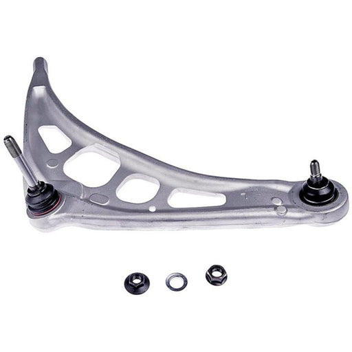 The CB14043 ProSeries OE+ Control Arm, a silver control arm for a vehicle suspension system, comes with accompanying bolts and washer, and is showcased isolated on a white background.