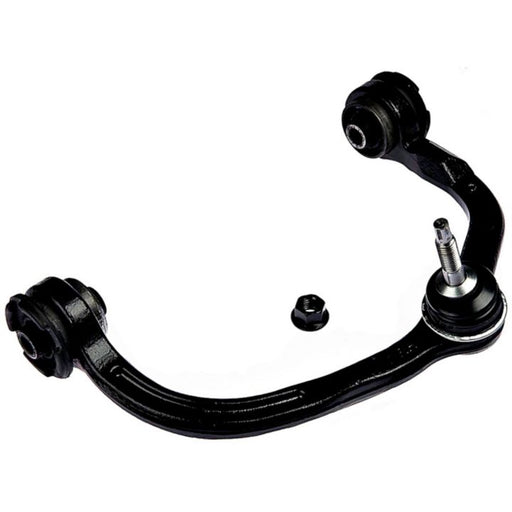 A black CB85028 ProSeries OE+ Control Arm, featuring bushings and a ball joint, along with a small accompanying part, isolated on a white background.