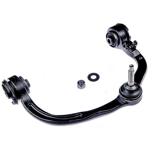 A CB85048 ProSeries OE+ Control Arm, black and made of metal, featuring an attached ball joint, nut, and washer on a white background.