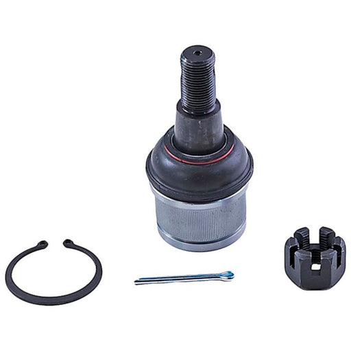 The BJ86365XL NASCAR Advantage Ball Joint - Front, featuring a retaining clip, cotter pin, and castle nut, displayed on a white background.