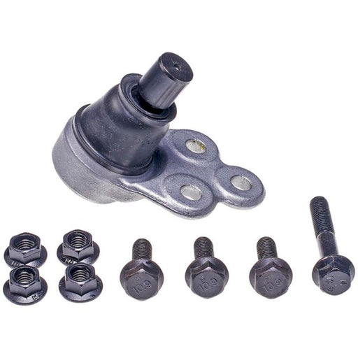 A BJ90415XL NASCAR Advantage Ball Joint - Front, accompanied by four bolts and four nuts, arranged beside it on a white background.