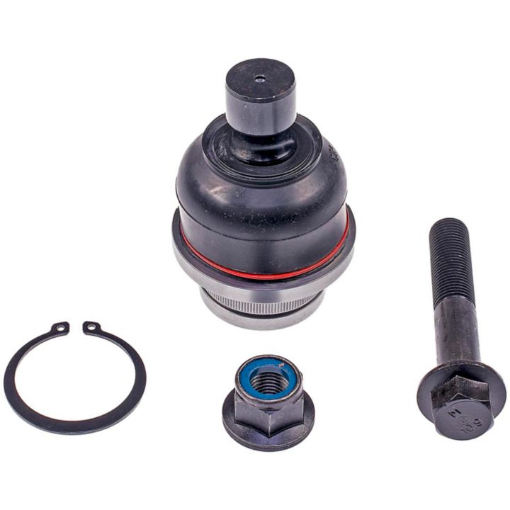 A BJ69235XL NASCAR Advantage Front Ball Joint with a retaining ring, nut, and bolt on a white background.