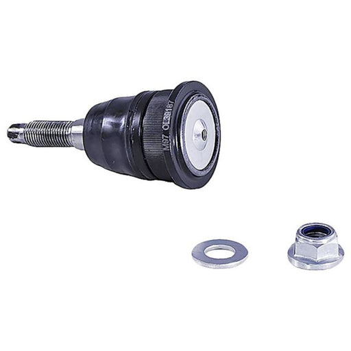 A BJ81106 NASCAR Advantage Ball Joint - Front, with a washer and a nut placed beside it on a white background.
