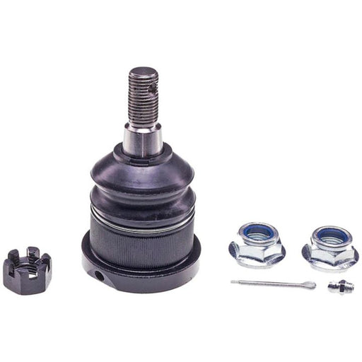 Viewed on a white background, the BJ96095 NASCAR Advantage Ball Joint - Front includes a threaded stud, two nuts, a cotter pin, and a cap.