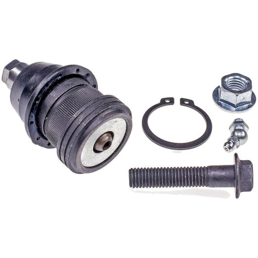 A BJ82025 NASCAR Advantage Ball Joint - Front in black, complete with a nut, bolt, ring, and grease fitting, displayed against a white background.