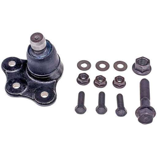 A BJ22015 NASCAR Advantage Ball Joint - Front in black, complete with bolts, washers, nuts, and a threaded stud, set against a white background.