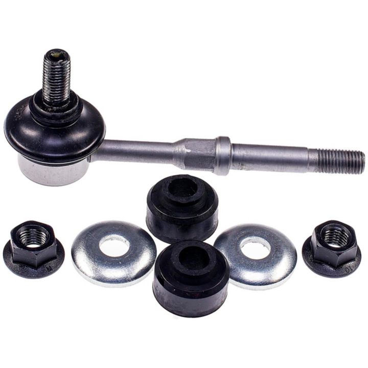 A SL68515XL ProSeries OE+ Stabilizer Link, complete with bushings, washers, and nuts individually arranged on a white background.