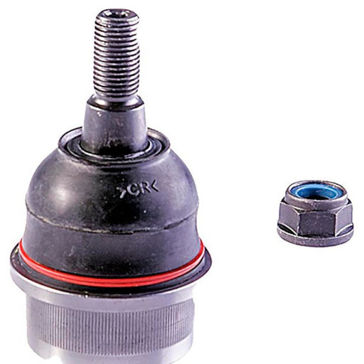 A BJ96135XL NASCAR Advantage Ball Joint - Front, featuring a black exterior and a distinctive red ring, is displayed next to a small metal nut on a white background.