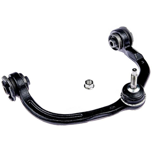 The CB85008 ProSeries OE+ Control Arm is a black metal automotive control arm, featuring bushings on both ends and a bolt with a nut in the middle.