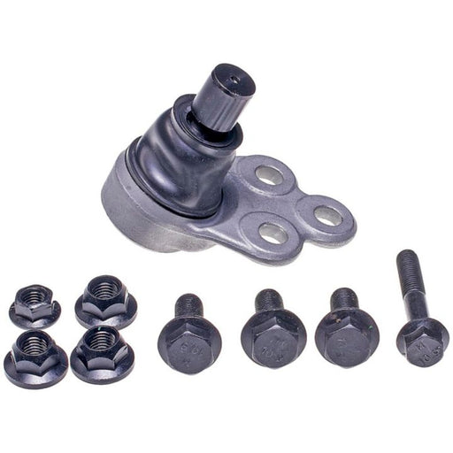The BJ90405XL NASCAR Advantage Ball Joint - Front features three bolt holes and comes complete with four bolts and four nuts, all arranged neatly in front.