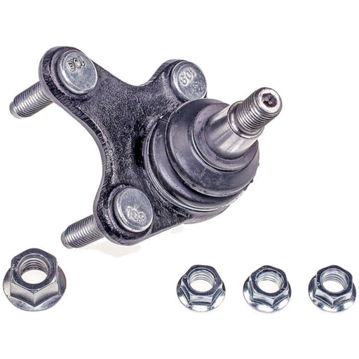 BJ43024 NASCAR Advantage Ball Joint - Front, featuring three attached bolts and four separate metal lock nuts, on a white background.