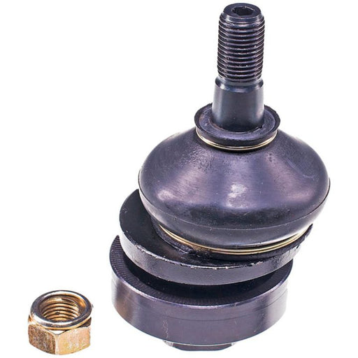 A NASCAR Advantage BJ85116 front ball joint in black with an accompanying nut, displayed on a white background.
