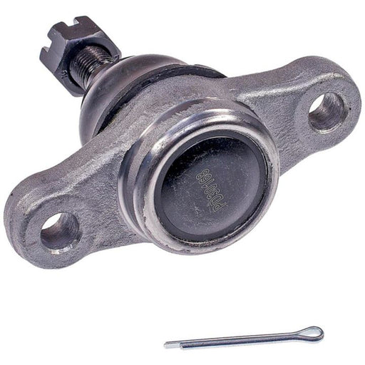 The BJ60085XL NASCAR Advantage Ball Joint - Front is a metal automotive component featuring two mounting holes, a black center, and an accompanying cotter pin.