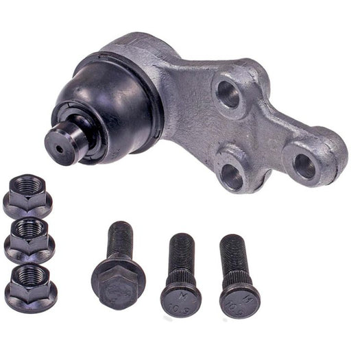 Close-up of a BJ60115XL NASCAR Advantage Ball Joint - Front with three bolts and four nuts placed beside it against a white background.