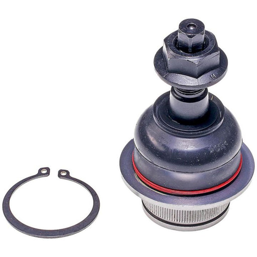 An BJ81105XL NASCAR Advantage Ball Joint - Front in black with a red ring, displayed beside a circular retaining clip.