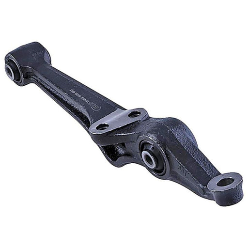 The CA30225 ProSeries OE+ Control Arm is a black metal suspension component equipped with bushings on both ends and a mounting bracket in the middle.