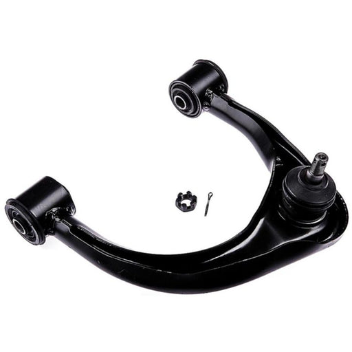 CB74008 ProSeries OE+ Control Arm in black, featuring attached bushings, a small metal nut, and a pin, isolated on a white background.