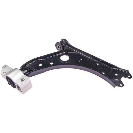 The CA43163 ProSeries OE+ Control Arm is a black metal suspension control arm featuring a curved design, multiple mounting points, and a bolt hole in the middle.