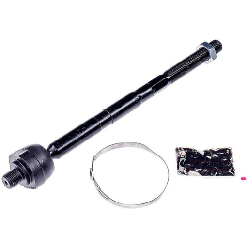 A black TI96000 ProSeries OE+ automotive tie rod end with an adjacent metal clamp and a small packet of lubricant.