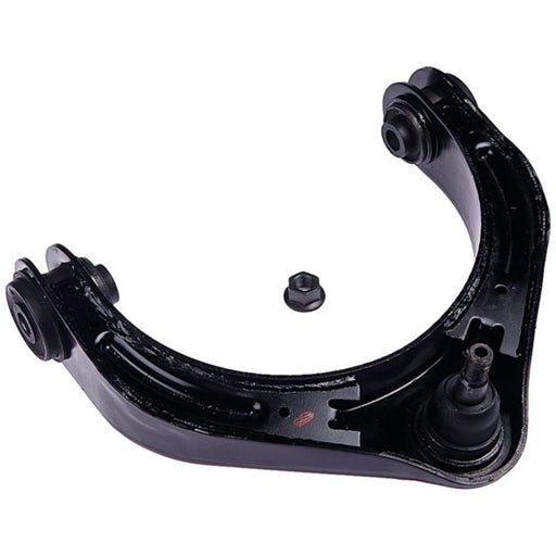 Close-up of a CB81136 ProSeries OE+ Control Arm made from black metal, featuring a rubber bushing and a bolt in the center.