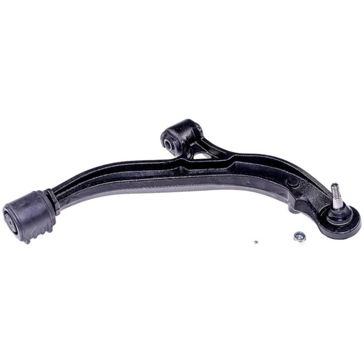 CB81024 ProSeries OE+ Control Arm featuring a black curved design with an attached ball joint and bushings, set against a white background.