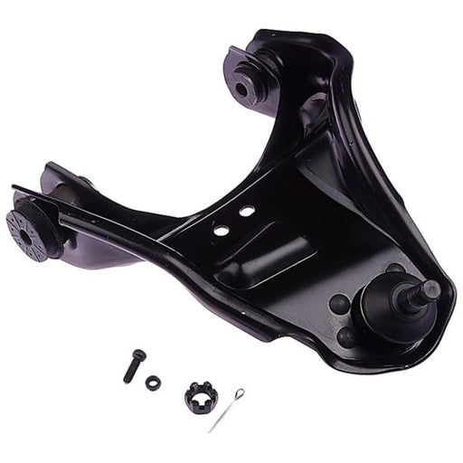 A CB90157 ProSeries OE+ Control Arm in black, along with a few small detached components, displayed against a white background.