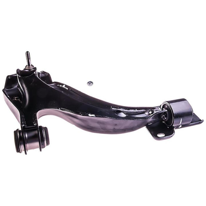 The CB85243 ProSeries OE+ Control Arm is a black, curved, metal car control arm with mounting points and bushings.