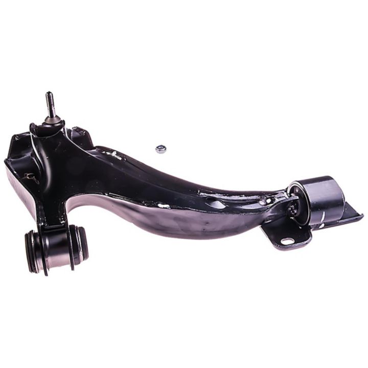 The CB85243 ProSeries OE+ Control Arm is a black, curved, metal car control arm with mounting points and bushings.