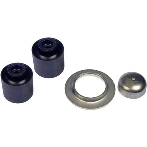 The AB43500 ProSeries OE+ Axle Beam Bracket includes four automotive components: two black cylindrical bushings, a metal washer, and a small dome-shaped cap.