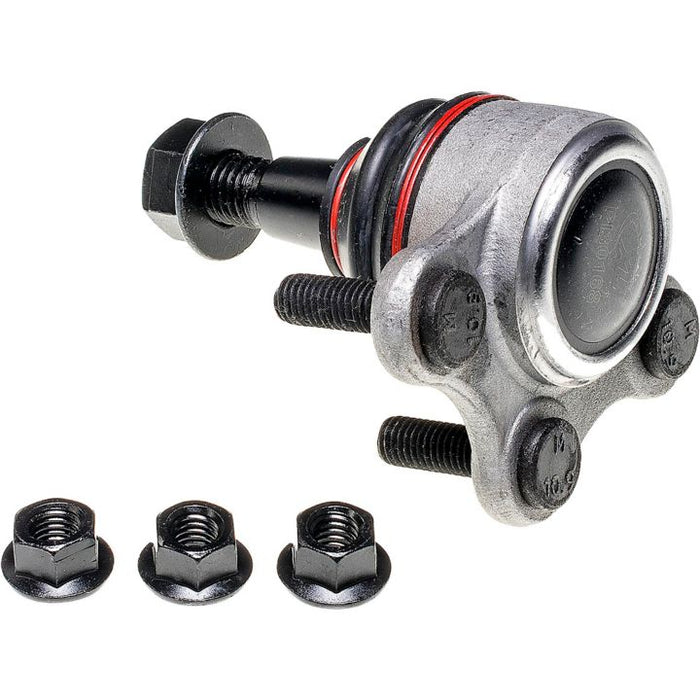 The BJ90046XL ProSeries OE+ Ball Joints, featuring a sleek silver and black design, come complete with three mounting bolts and three nuts, all showcased against a white background.