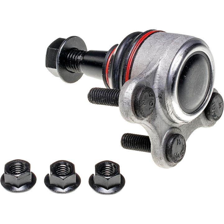 The BJ90046XL ProSeries OE+ Ball Joints, featuring a sleek silver and black design, come complete with three mounting bolts and three nuts, all showcased against a white background.
